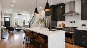 Older Philadelphia rowhome interior renovated with preserved character and modern finishes
