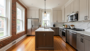 Completed Philadelphia rowhome renovation with modern kitchen and clean interior finish