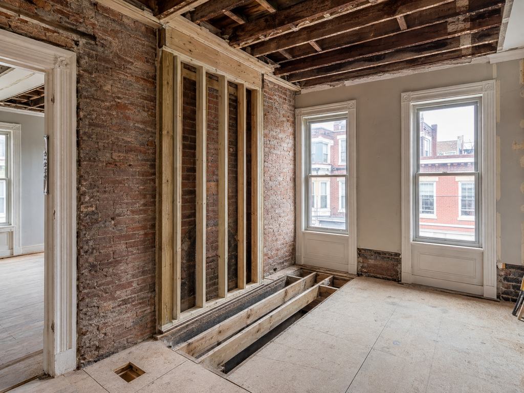 Removing Interior Masonry Chimney Breasts in Philadelphia Rowhomes shown in a realistic Center City, PA residential construction setting.