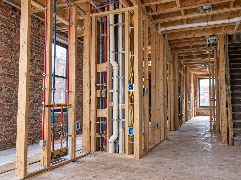Professional rowhome plumbing electrical chase planning detail for Noam Construction - Philadelphia in South Philadelphia
