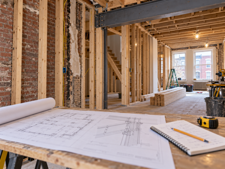 Stamped architectural and engineering plans laid out on a table at a Philadelphia construction site.