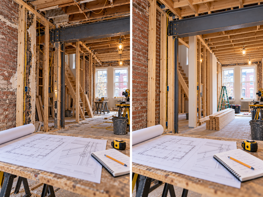 Stamped architectural and engineering plans laid out on a table at a Philadelphia construction site.