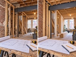 Contractor inspecting existing structural framing and load-bearing walls during a whole home renovation in Philadelphia