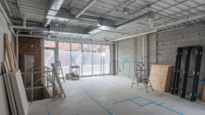 A commercial vanilla shell space in Philadelphia with exposed steel ceiling joists, new HVAC ductwork, and bare concrete floors ready for a tenant fit-out.