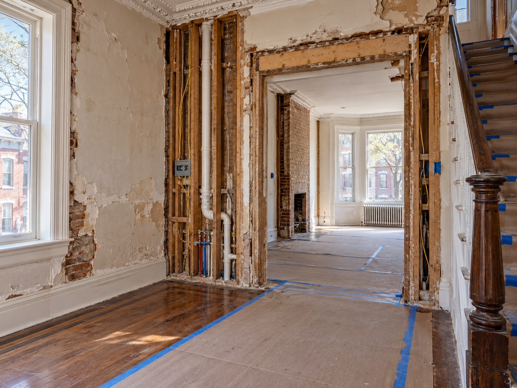 Selective demolition during a Philadelphia rowhome renovation with wall framing exposed