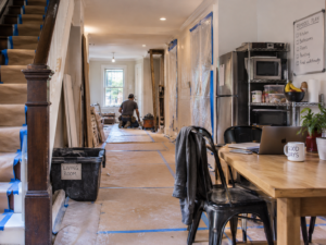 Philadelphia rowhome renovation planned around occupied living spaces, with protected construction areas, clear access routes, and phased work.