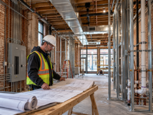 Commercial fit-out site survey in Philadelphia with contractor reviewing MEP conditions
